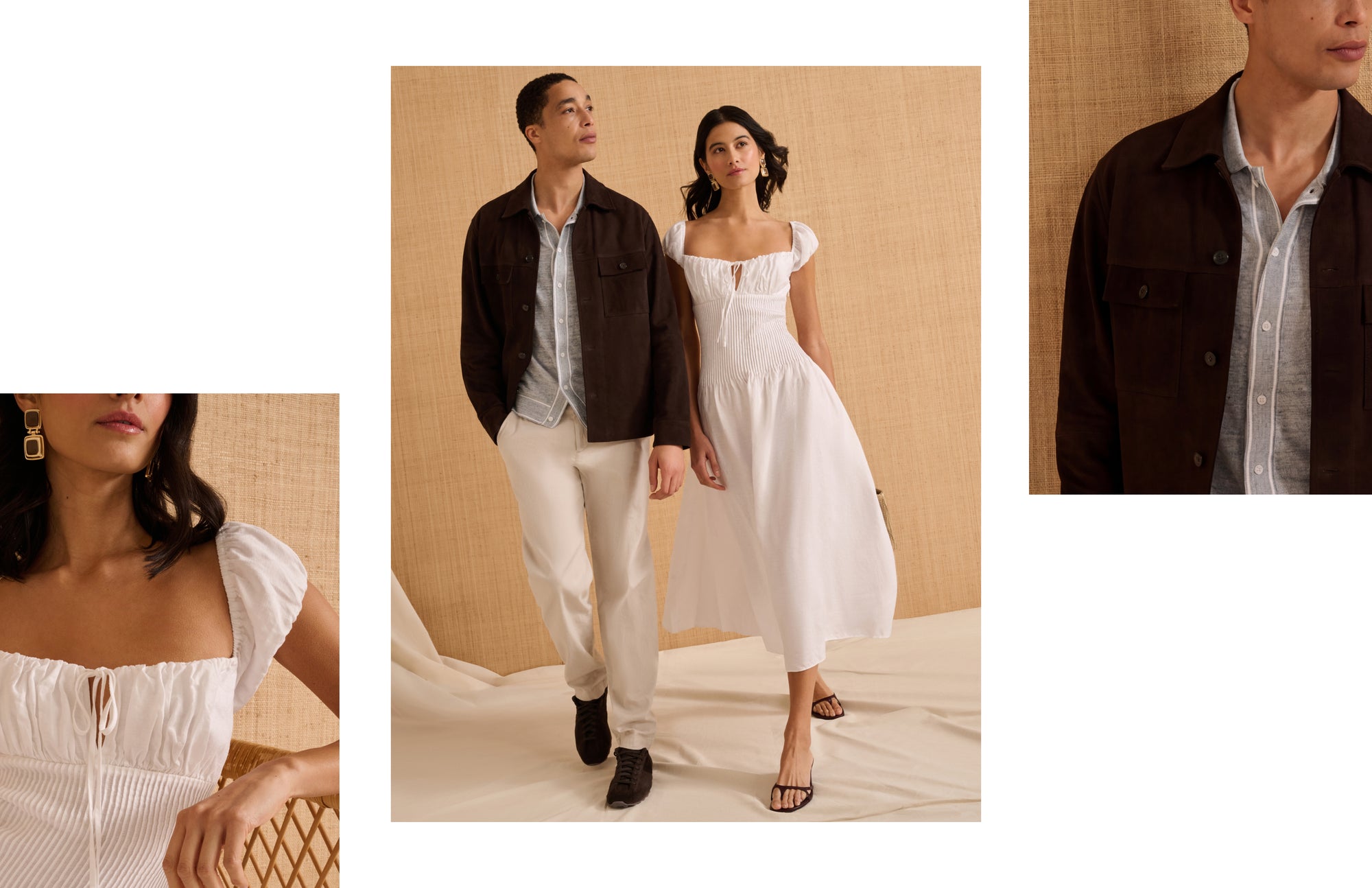 Two people in a casual setting, one in a white dress and the other in a brown jacket and white pants.