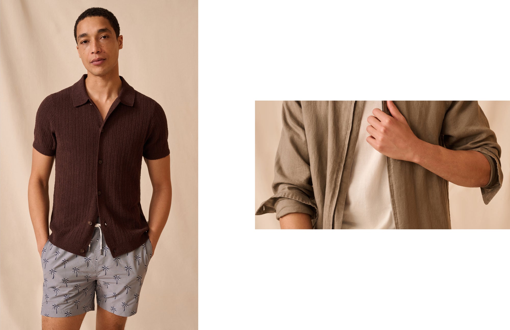 Man wearing a brown shirt and gray shorts with a close-up of a beige shirt.