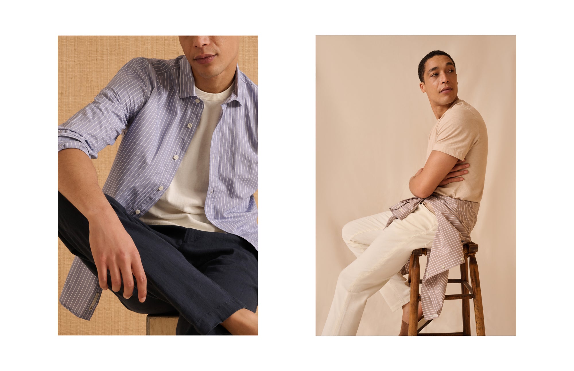 Two men sitting on stools wearing casual outfits with striped shirts and pants.