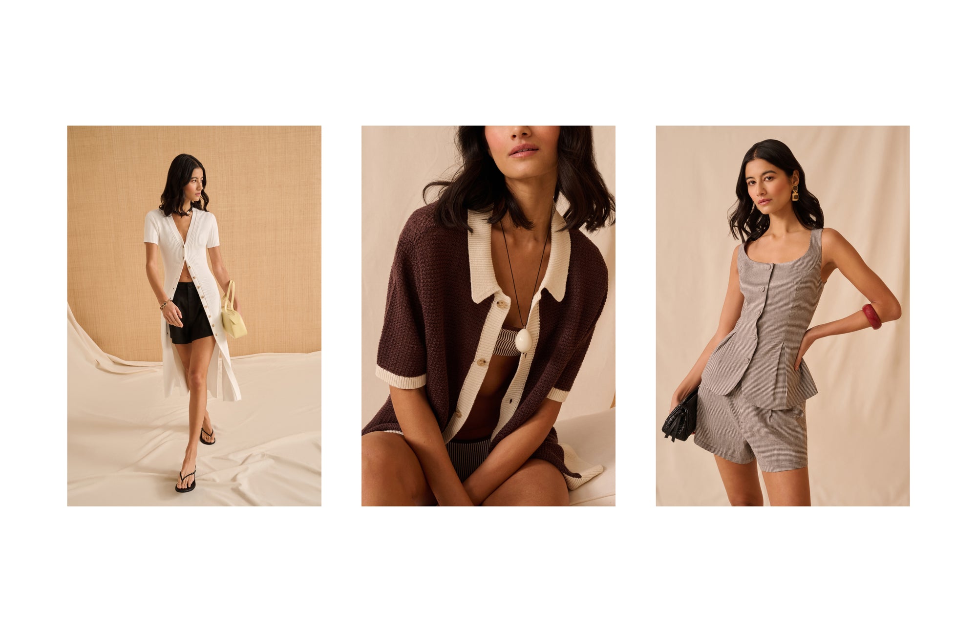 Three images of a woman modeling different outfits against a beige background