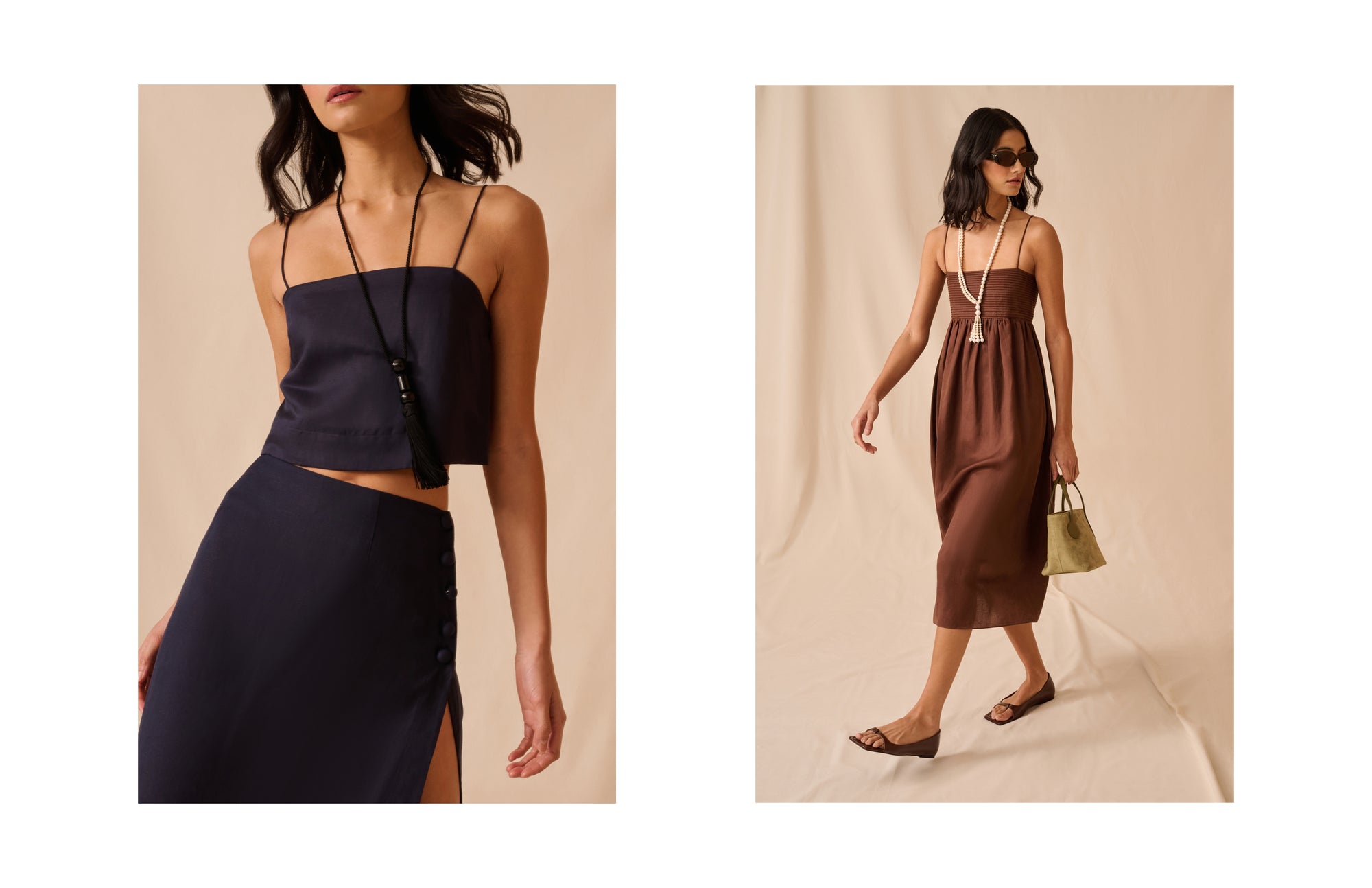 Two images of a woman wearing a navy blue top and skirt set, and a brown dress with a beige background.